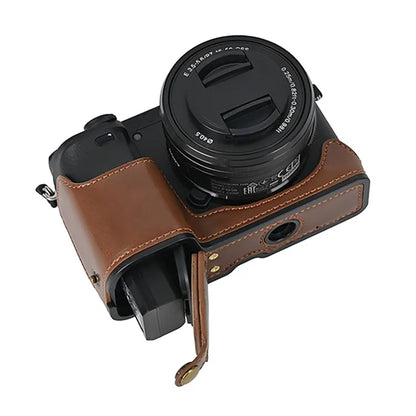 Camera Cover for Sony A6400 / A6300 / A6100 / A6000 Battery Opening Design PU Leather Half Body Bottom Case with Wrist Strap