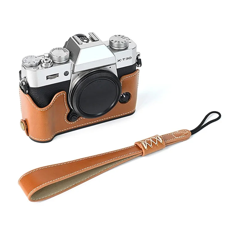 For Fuji XT10 / XT20 / XT30 / XT30 II Leather Camera Case Bottom Half-Body Camera Protective Cover with Strap