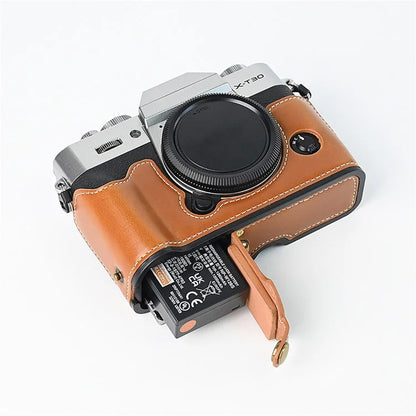 For Fuji XT10 / XT20 / XT30 / XT30 II Leather Camera Case Bottom Half-Body Camera Protective Cover with Strap