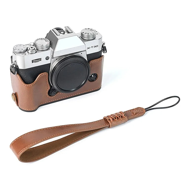 For Fuji XT10 / XT20 / XT30 / XT30 II Leather Camera Case Bottom Half-Body Camera Protective Cover with Strap