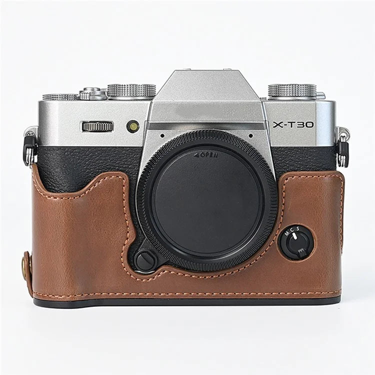For Fuji XT10 / XT20 / XT30 / XT30 II Leather Camera Case Bottom Half-Body Camera Protective Cover with Strap