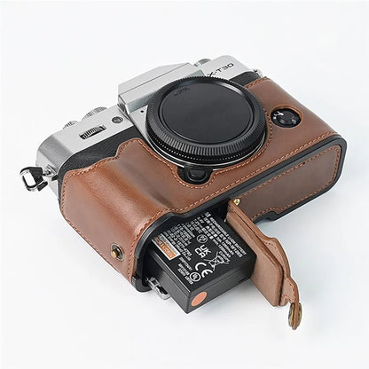 For Fuji XT10 / XT20 / XT30 / XT30 II Leather Camera Case Bottom Half-Body Camera Protective Cover with Strap
