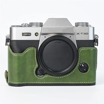 For Fuji XT10 / XT20 / XT30 / XT30 II Leather Camera Case Bottom Half-Body Camera Protective Cover with Strap