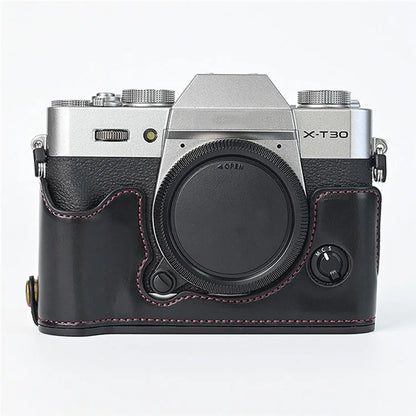 For Fuji XT10 / XT20 / XT30 / XT30 II Leather Camera Case Bottom Half-Body Camera Protective Cover with Strap