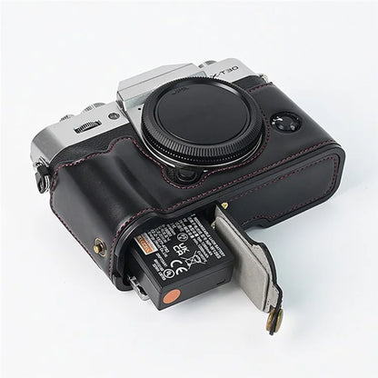 For Fuji XT10 / XT20 / XT30 / XT30 II Leather Camera Case Bottom Half-Body Camera Protective Cover with Strap