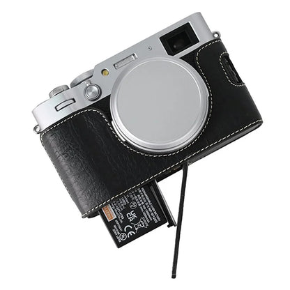 For Fujifilm X100VI Tree Grain PU Leather Camera Bottom Cover Half Body Case with Battery Opening