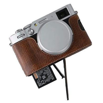 For Fujifilm X100VI Tree Grain PU Leather Camera Bottom Cover Half Body Case with Battery Opening