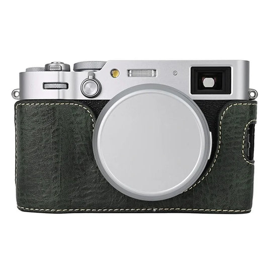 For Fujifilm X100VI Tree Grain PU Leather Camera Bottom Cover Half Body Case with Battery Openingish Green