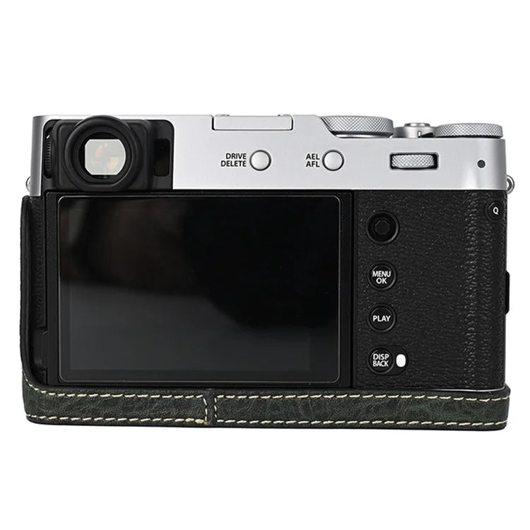 For Fujifilm X100VI Tree Grain PU Leather Camera Bottom Cover Half Body Case with Battery Openingish Green