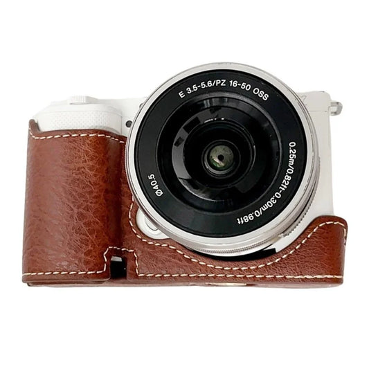 For Sony Alpha ZV-E10 Leather Camera Bottom Cover Buffalo Texture Half Body Case with Battery Opening