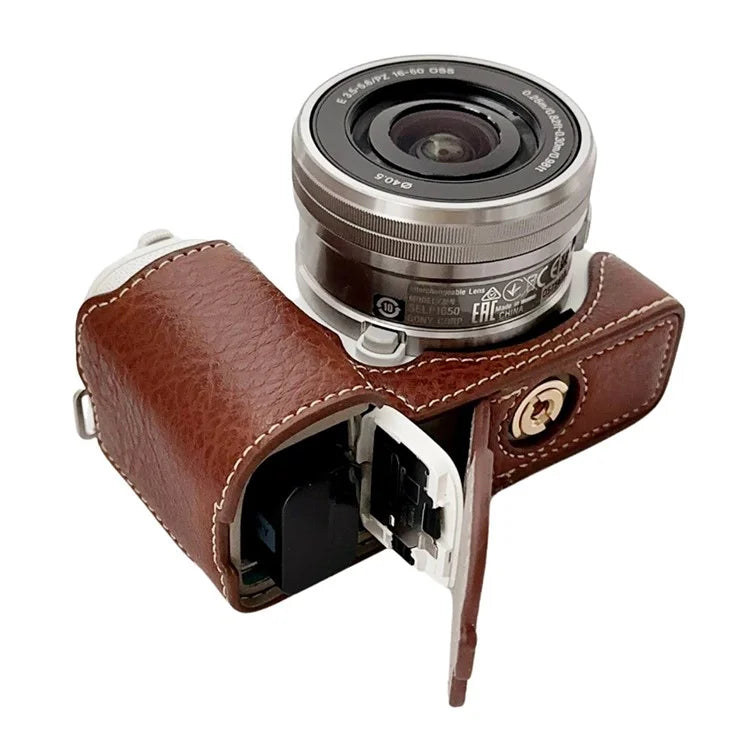For Sony Alpha ZV-E10 Leather Camera Bottom Cover Buffalo Texture Half Body Case with Battery Opening