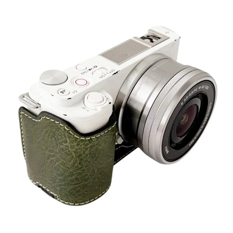 For Sony Alpha ZV-E10 Leather Camera Bottom Cover Buffalo Texture Half Body Case with Battery Opening