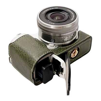 For Sony Alpha ZV-E10 Leather Camera Bottom Cover Buffalo Texture Half Body Case with Battery Opening