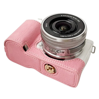 For Sony Alpha ZV-E10 Leather Camera Bottom Cover Buffalo Texture Half Body Case with Battery Opening