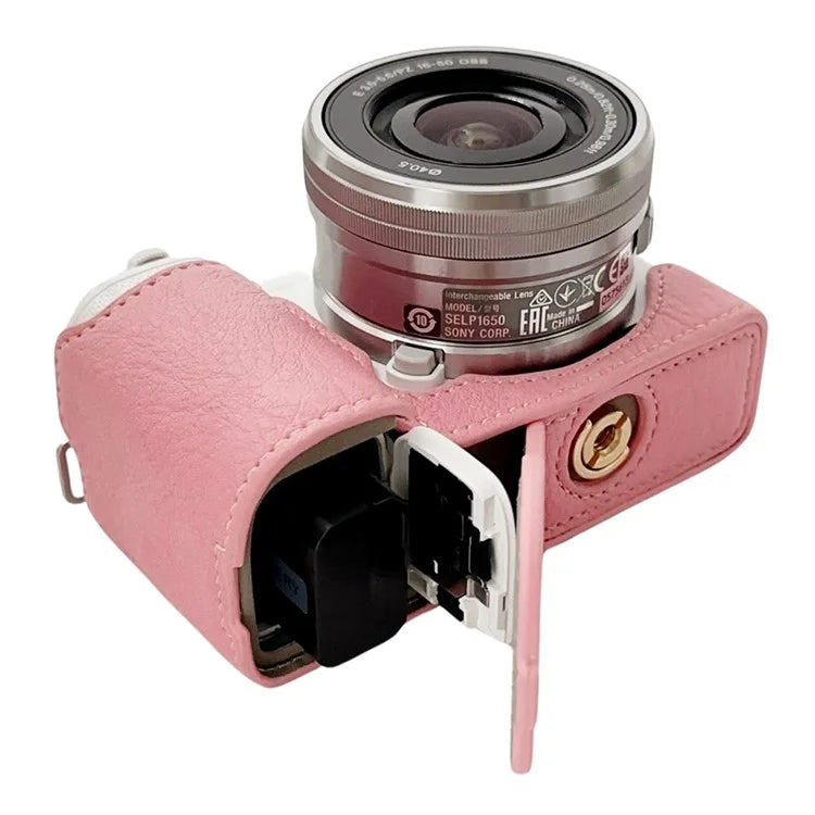 For Sony Alpha ZV-E10 Leather Camera Bottom Cover Buffalo Texture Half Body Case with Battery Opening