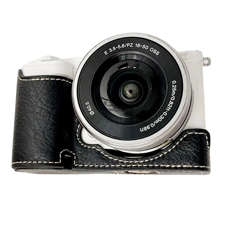 For Sony Alpha ZV-E10 Leather Camera Bottom Cover Buffalo Texture Half Body Case with Battery Opening