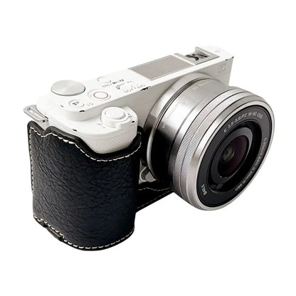 For Sony Alpha ZV-E10 Leather Camera Bottom Cover Buffalo Texture Half Body Case with Battery Opening