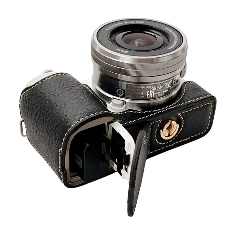 For Sony Alpha ZV-E10 Leather Camera Bottom Cover Buffalo Texture Half Body Case with Battery Opening