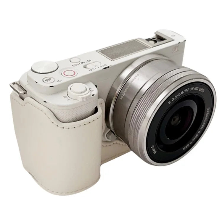 For Sony Alpha ZV-E10 Leather Camera Bottom Cover Buffalo Texture Half Body Case with Battery Opening