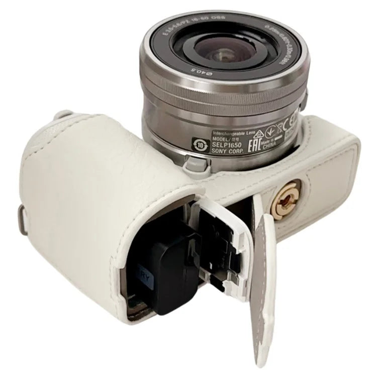 For Sony Alpha ZV-E10 Leather Camera Bottom Cover Buffalo Texture Half Body Case with Battery Opening