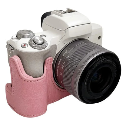 For Canon EOS M50 Mark II /  M50 / M5 Leather Camera Bag Half Body Case with Battery Opening Buffalo Texture- Pink