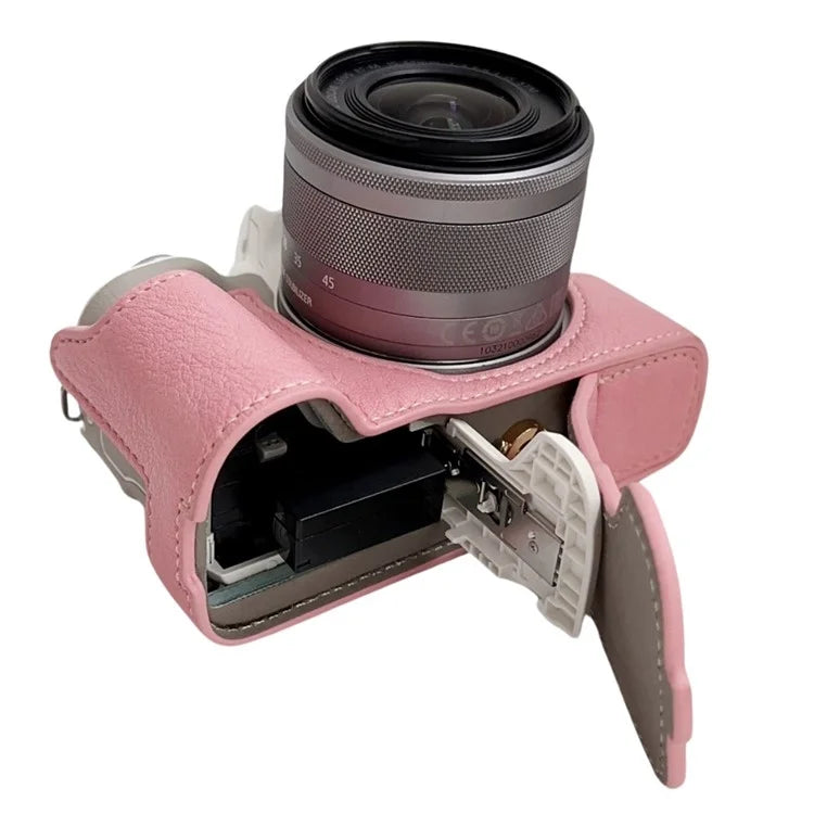 For Canon EOS M50 Mark II /  M50 / M5 Leather Camera Bag Half Body Case with Battery Opening Buffalo Texture- Pink