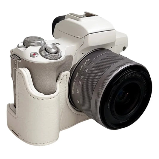 For Canon EOS M50 Mark II /  M50 / M5 Leather Camera Bag Half Body Case with Battery Opening Buffalo TextureWhite