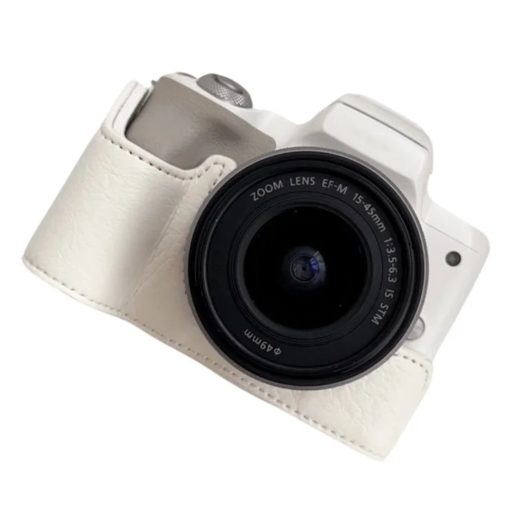 For Canon EOS M50 Mark II /  M50 / M5 Leather Camera Bag Half Body Case with Battery Opening Buffalo TextureWhite