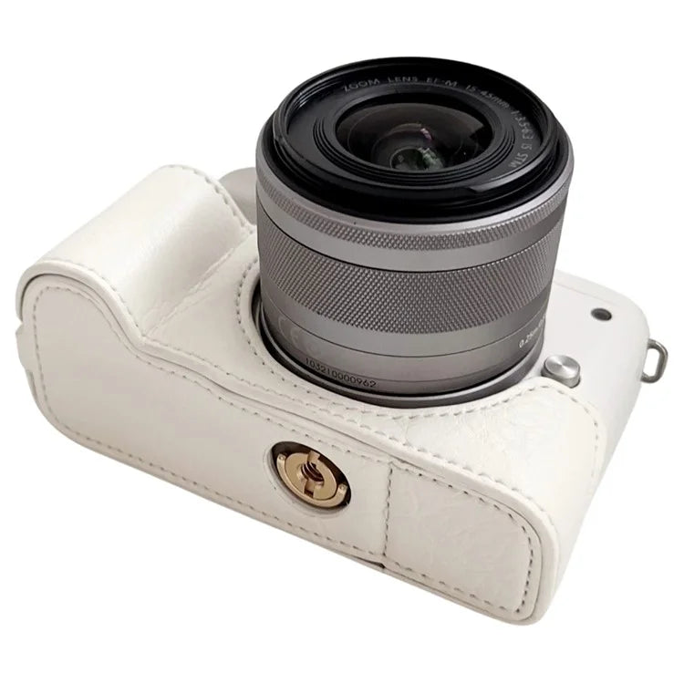 For Canon EOS M50 Mark II /  M50 / M5 Leather Camera Bag Half Body Case with Battery Opening Buffalo TextureWhite