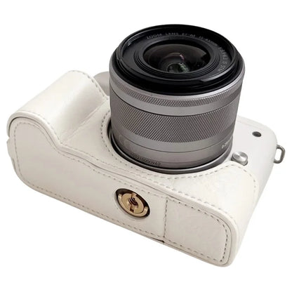For Canon EOS M50 Mark II /  M50 / M5 Leather Camera Bag Half Body Case with Battery Opening Buffalo TextureWhite