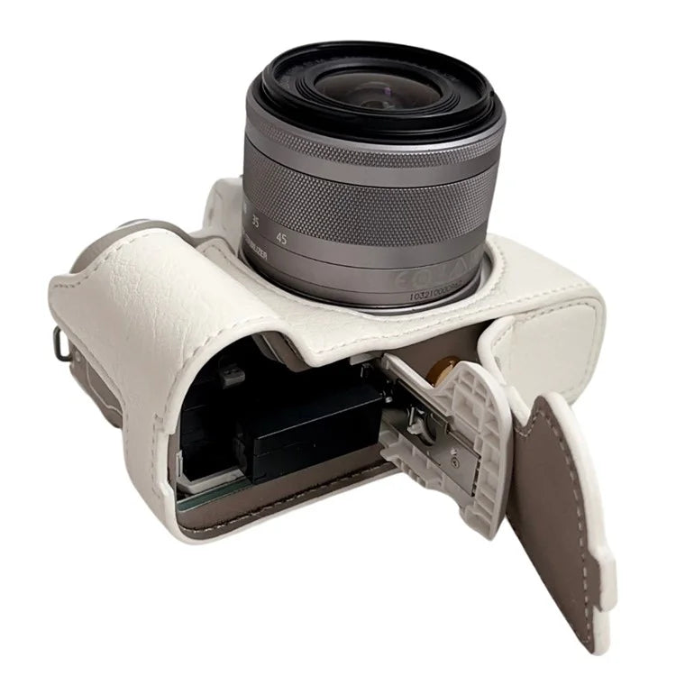 For Canon EOS M50 Mark II /  M50 / M5 Leather Camera Bag Half Body Case with Battery Opening Buffalo TextureWhite