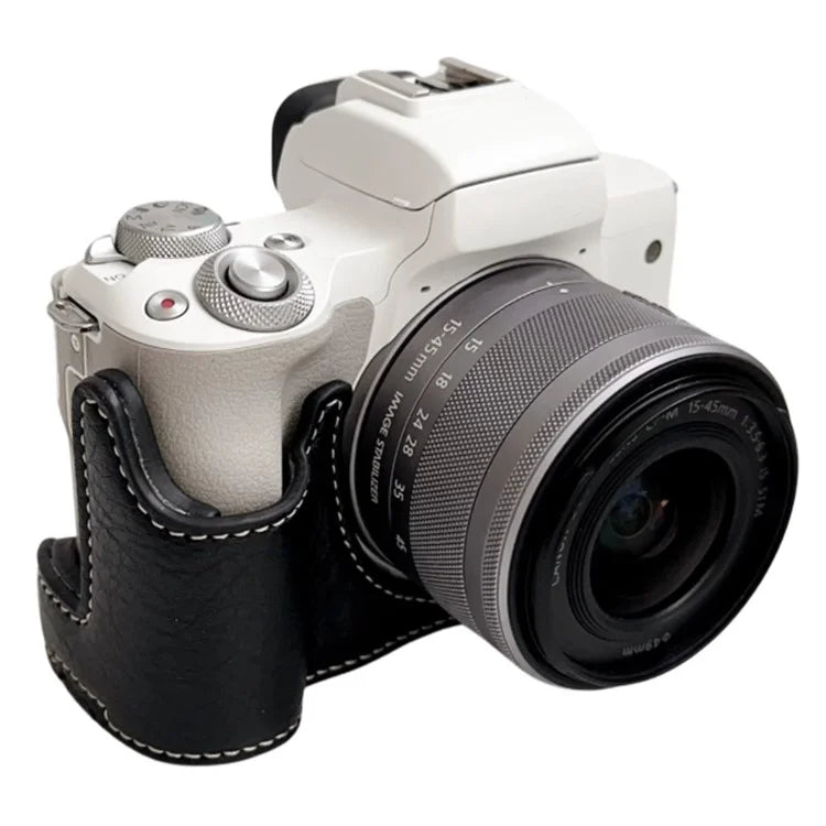 For Canon EOS M50 Mark II /  M50 / M5 Leather Camera Bag Half Body Case with Battery Opening Buffalo TextureBlack