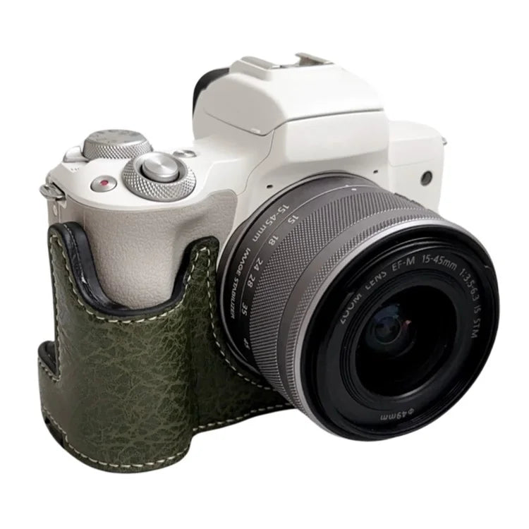 For Canon EOS M50 Mark II /  M50 / M5 Leather Camera Bag Half Body Case with Battery Opening Buffalo TextureGreen