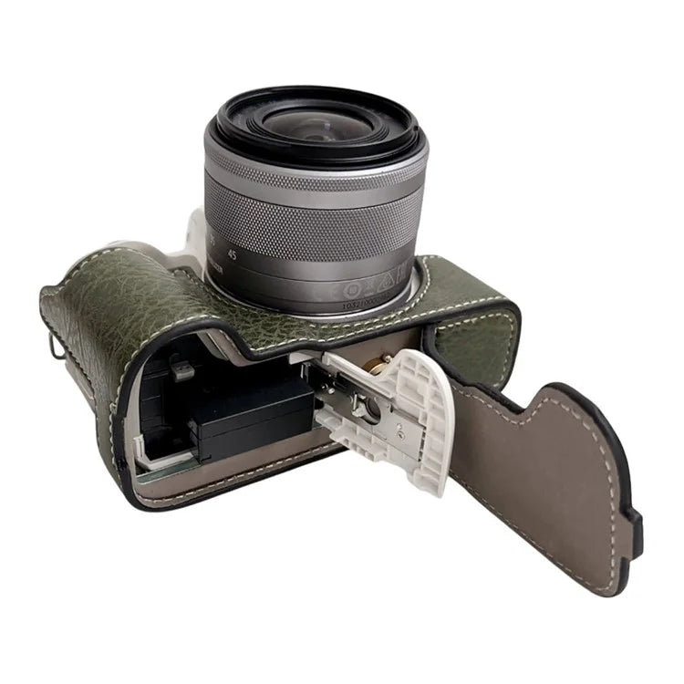For Canon EOS M50 Mark II /  M50 / M5 Leather Camera Bag Half Body Case with Battery Opening Buffalo TextureGreen