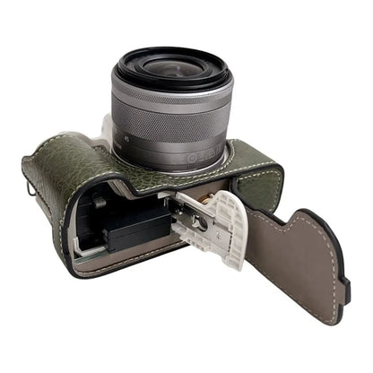 For Canon EOS M50 Mark II /  M50 / M5 Leather Camera Bag Half Body Case with Battery Opening Buffalo TextureGreen