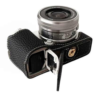 For Sony ZV-E10 Litchi Texture Leather Camera Bag Bottom Case with Battery Opening