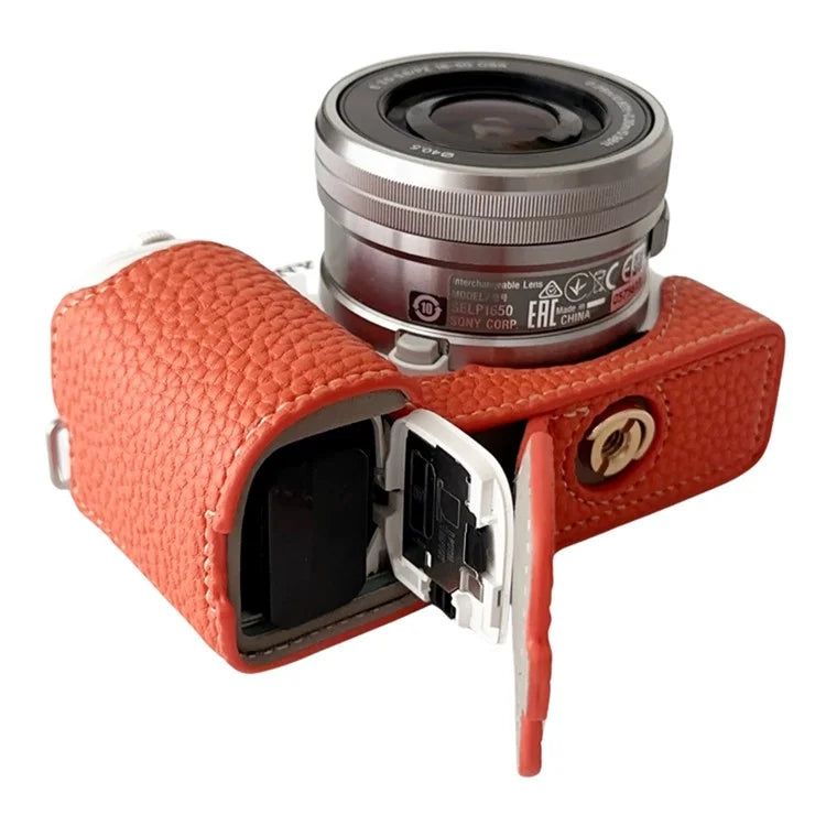 For Sony ZV-E10 Litchi Texture Leather Camera Bag Bottom Case with Battery Opening