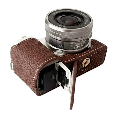 For Sony ZV-E10 Litchi Texture Leather Camera Bag Bottom Case with Battery Opening