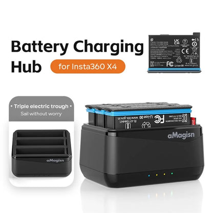 AMAGISN For Insta360 X4 Sports Camera 3-Slot Battery Charging Hub Memory Card Storage Case (No Battery)