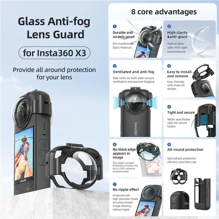 AMAGISN For Insta360 X3 Glass Anti-Fog Lens Guard Set with Silicone Lens Cap, Camera Case