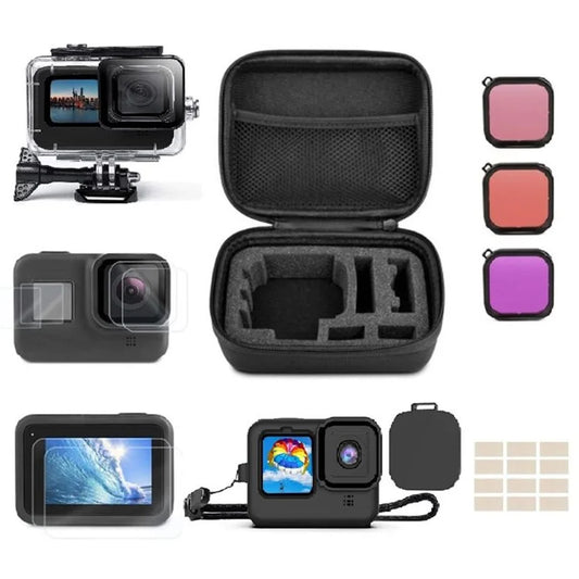 For GoPro 9 / 10 / 11 / 12 Waterproof Case Tempered Glass Film Filter Anti-fog Sheet Set