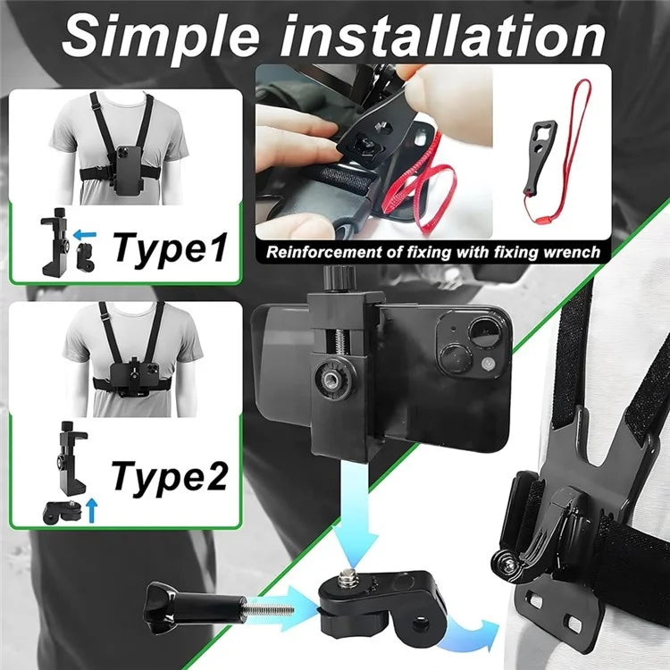 Action Camera Chest Strap Camera Chest Mount Harness with Phone Clip and Wrench