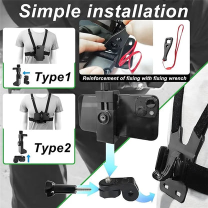 Action Camera Chest Strap Camera Chest Mount Harness with Phone Clip and Wrench