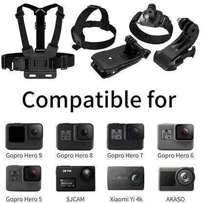 For GoPro Hero 9 / 8 / 7 / 6 / 5 9-in-1 Chest Strap Head Strap J-hook Base Sports Camera Accessories Kit