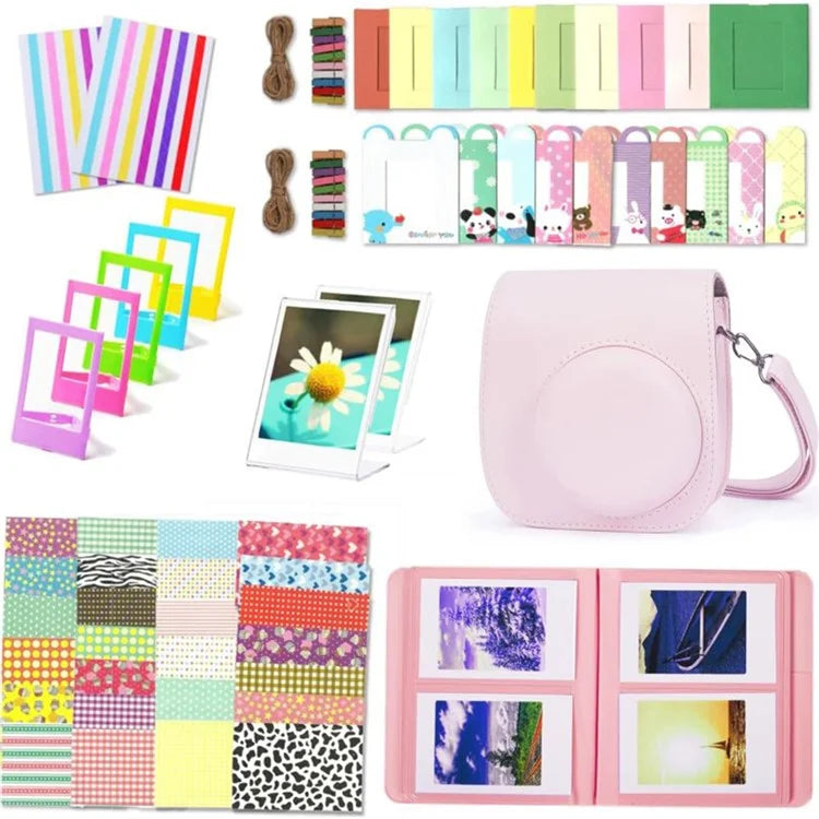 For Fujifilm Instax mini 12 / 11 / 9 / 8+ / 8 PU Leather Camera Bag with Photo Frame Album Stickers Kit Set
