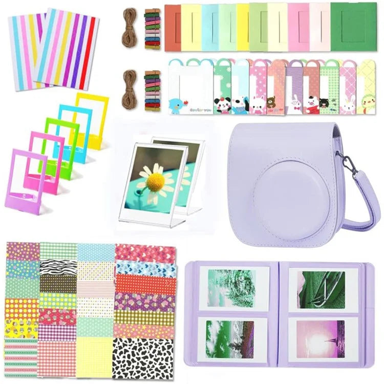 For Fujifilm Instax mini 12 / 11 / 9 / 8+ / 8 PU Leather Camera Bag with Photo Frame Album Stickers Kit Set