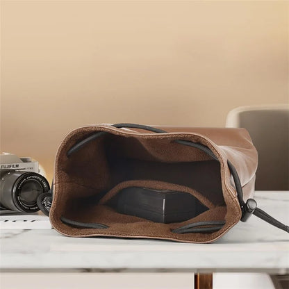 CWATCUN H60 Camera Lens Bag for Canon Nikon Sony PU Leather Drawstring Pouch, Size S