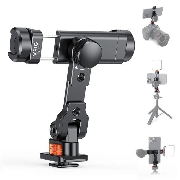 VRIG PH16 Metal Phone Clamp Tripod Mount Adapter Smartphone Clip Holder Bracket with Cold Shoe