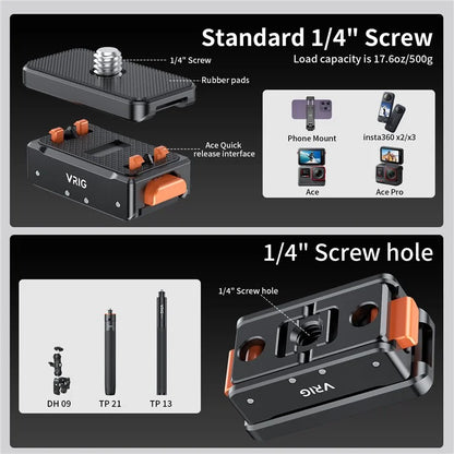 VRIG For Insta360 Ace Pro / DJI Osmo Action 4 / GoPro12 Magnetic Quick Release Plate Base Mount