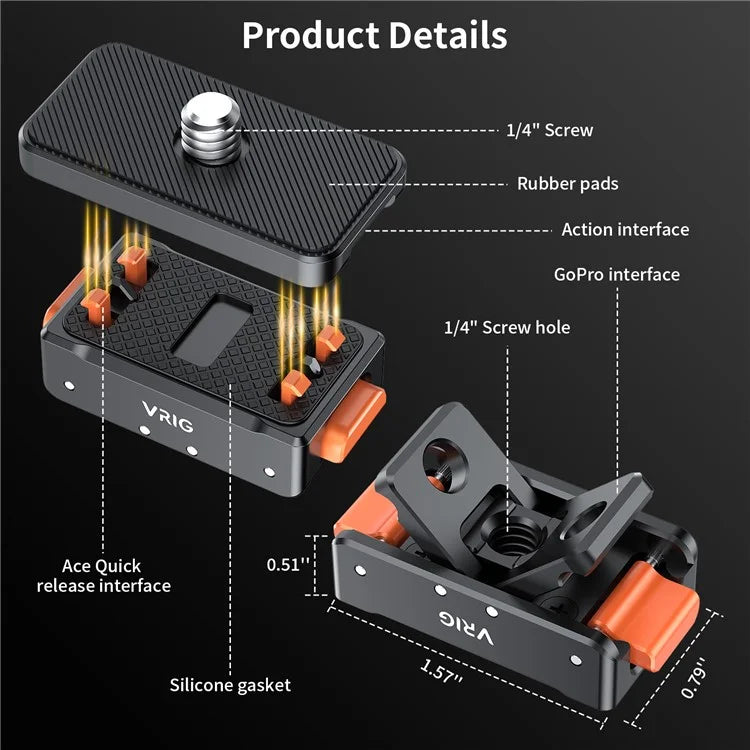 VRIG For Insta360 Ace Pro / DJI Osmo Action 4 / GoPro12 Magnetic Quick Release Plate Base Mount